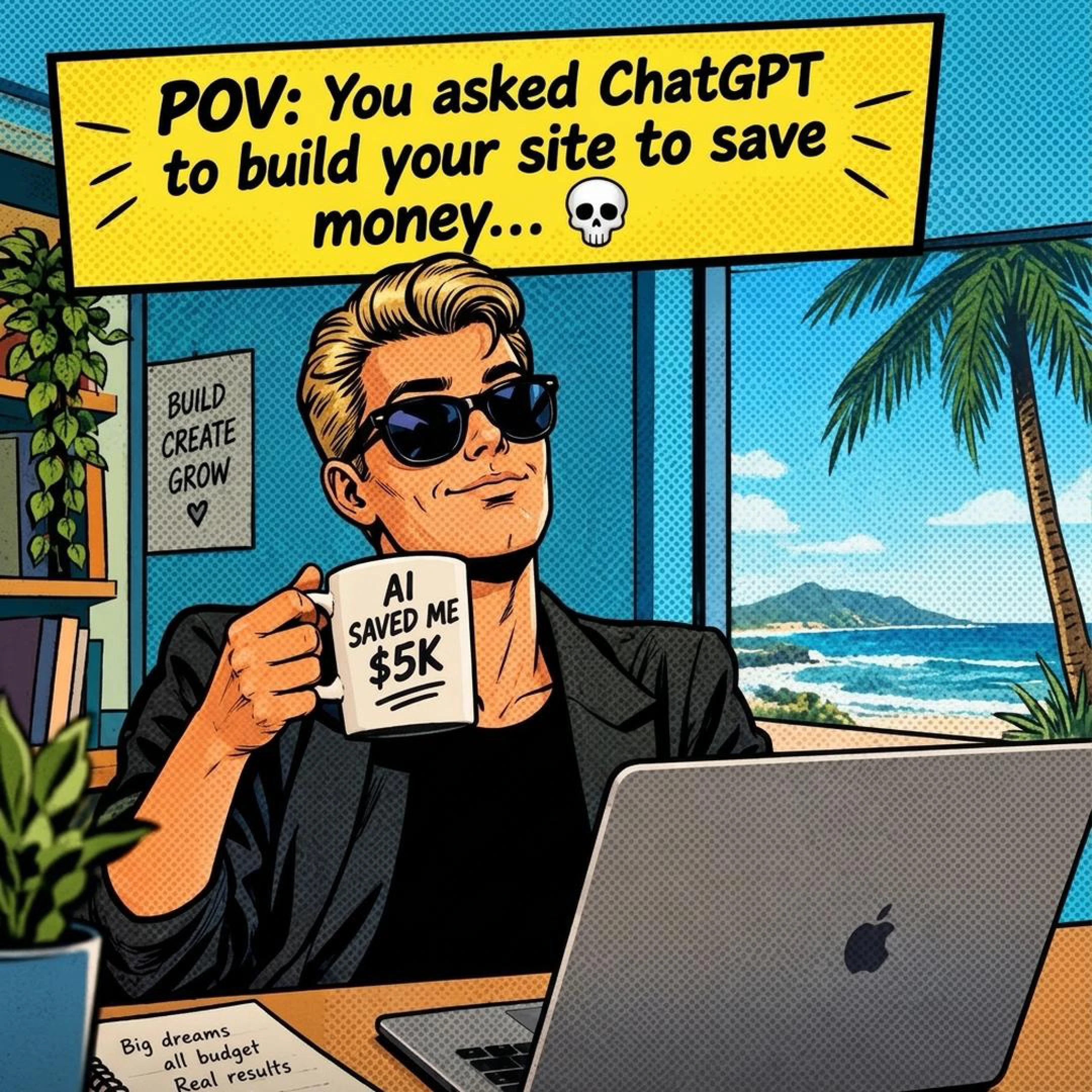 Comic panel: a pleased business owner drinks from a mug that says "AI saved me $5K" in front of a laptop