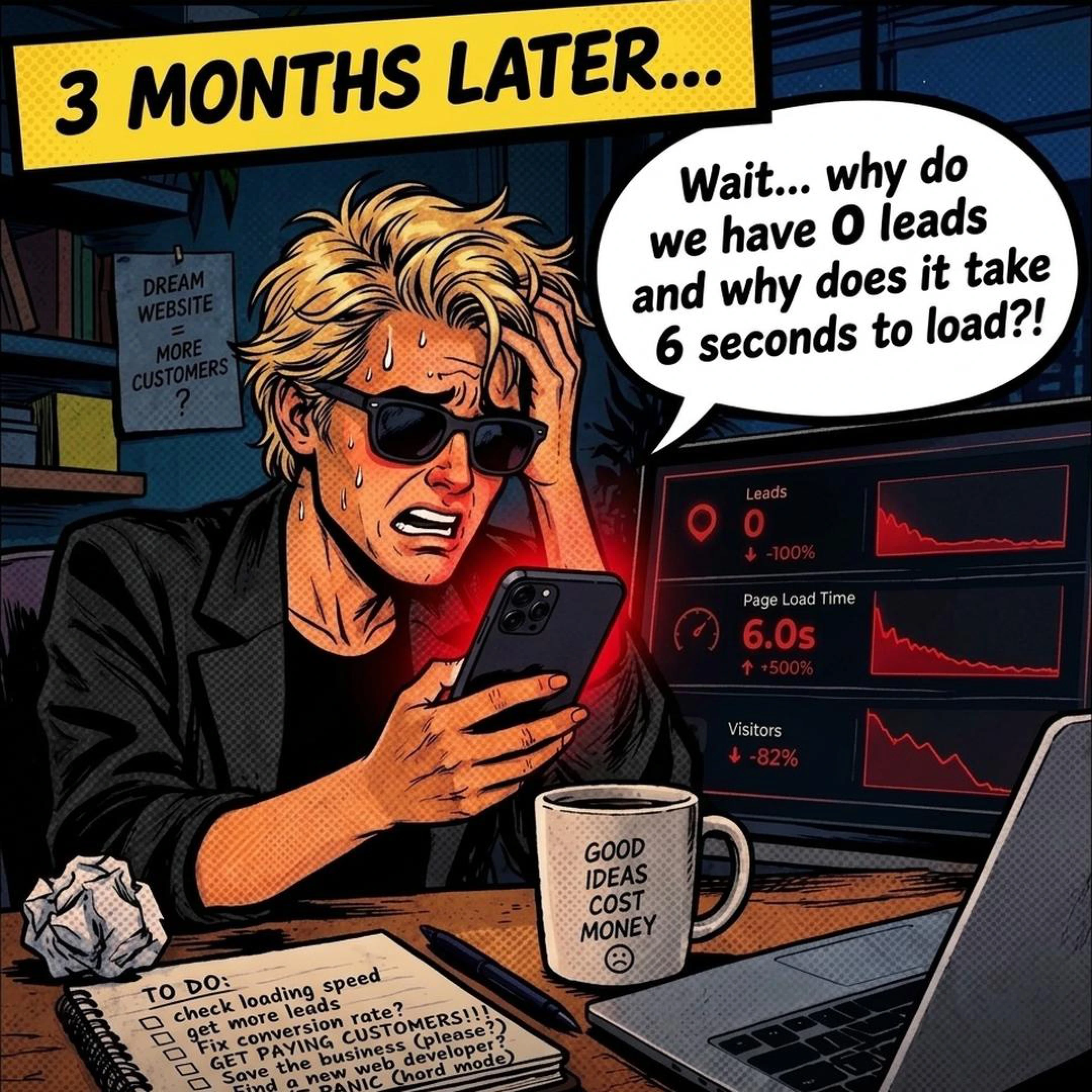 Comic panel: the same business owner is stressed, staring at zero leads and a six-second load time