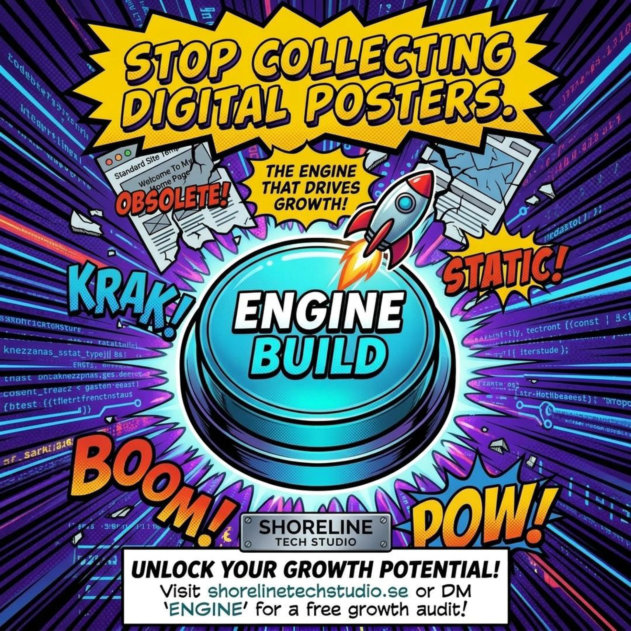 Comic panel: a large Engine Build button and a rocket lifting off